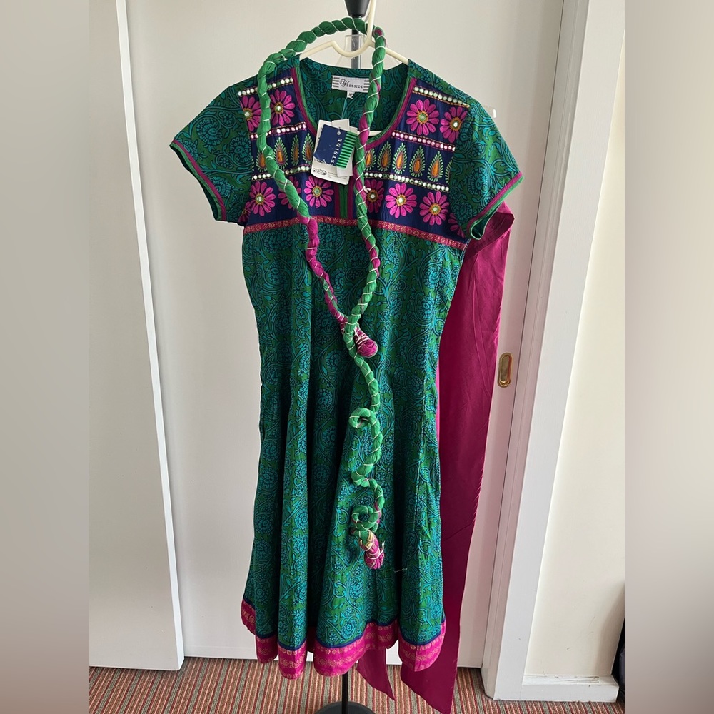 NWT Westside Embroidered Dress Kurta 100% Cotton Anarkali w Pants & Scarf Set M